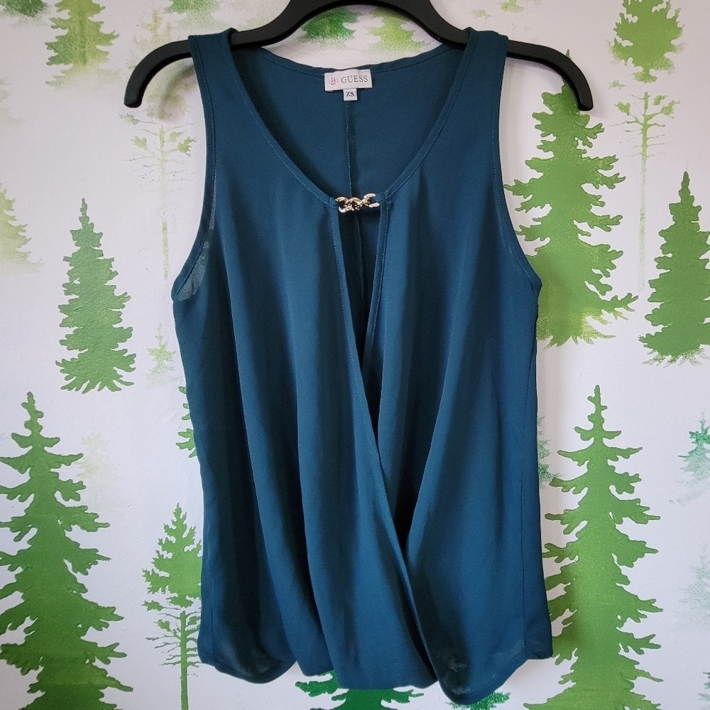 Guess Teal Sleeveless Sheer Blouse.
